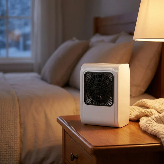 White mini space heater with front fan grille on tabletop