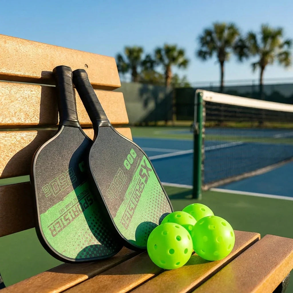 Pickleball paddles with neon green balls on a bench, green face panels