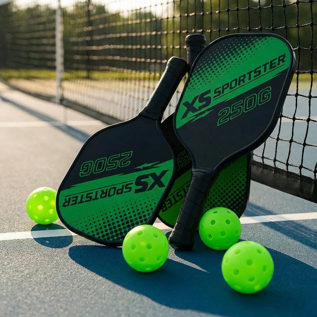 Pickleball paddles with neon green balls, black handles and green face panels