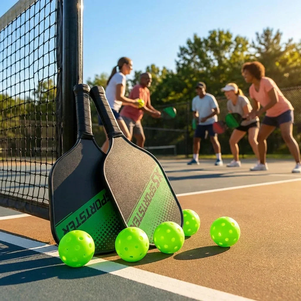 Pickleball paddles and neon green balls near a net post