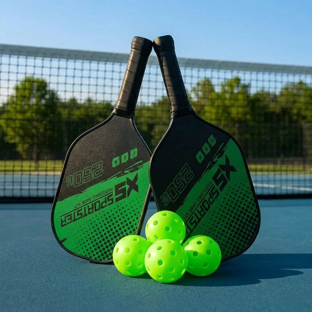 Two green-and-black pickleball paddles with neon green balls, close-up