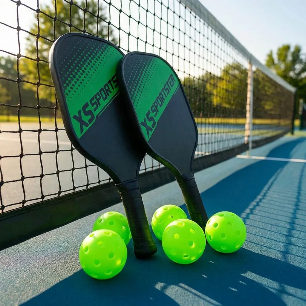 Pickleball paddles leaning against net with neon green balls