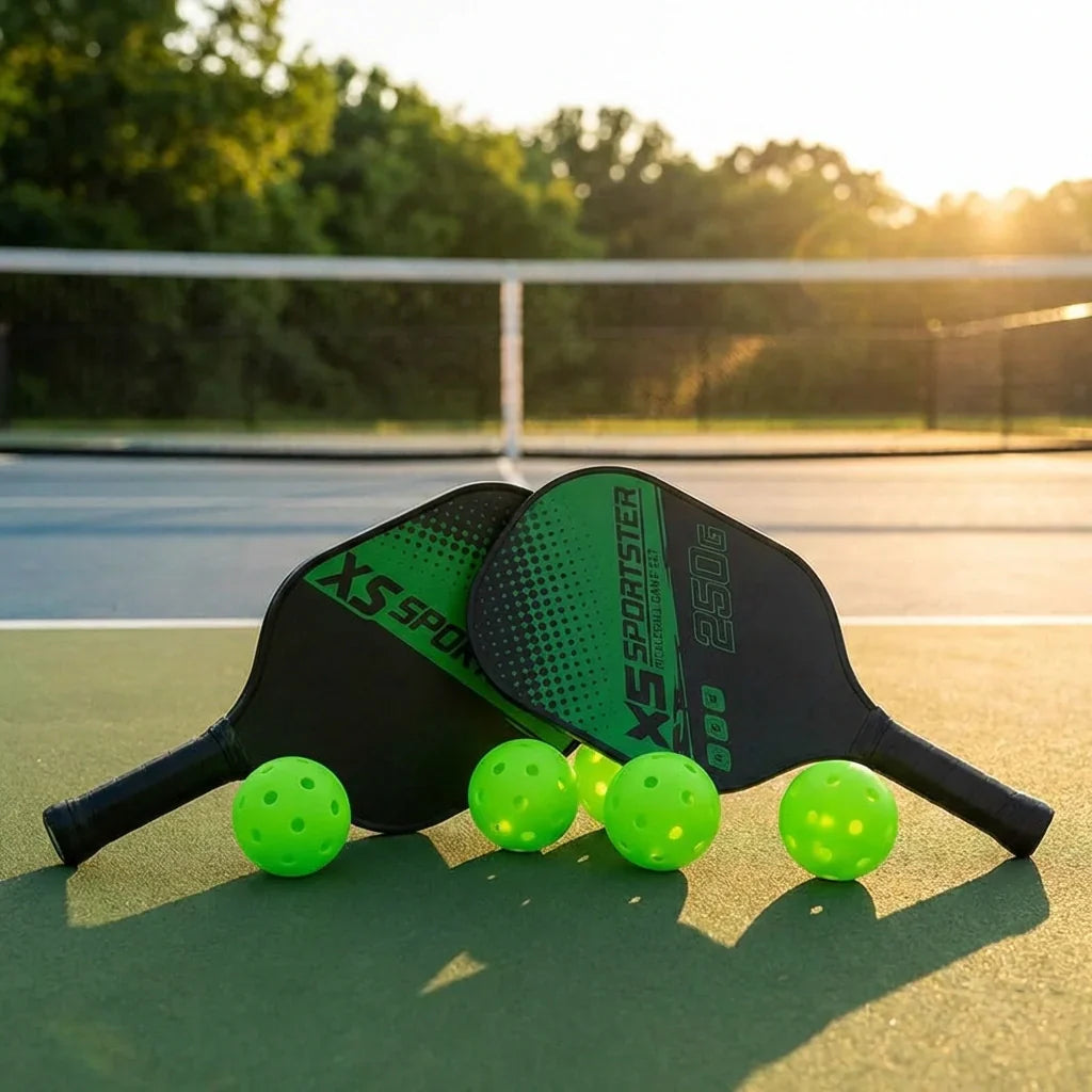 Pickleball paddles with neon green balls, black frame and green grip