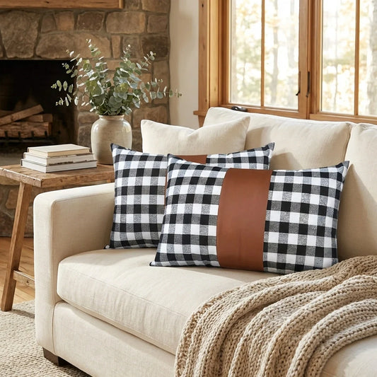 Black and white check cotton cushion pillow covers with brown leather-look accent panel