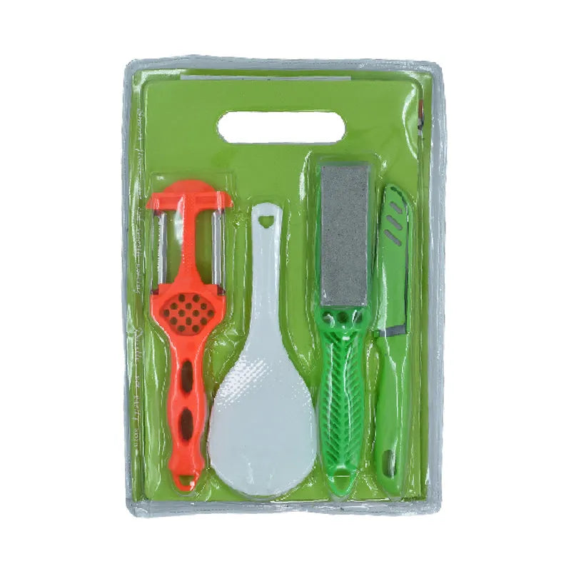 Plastic chopping board and knife set with red-handled knife pieces