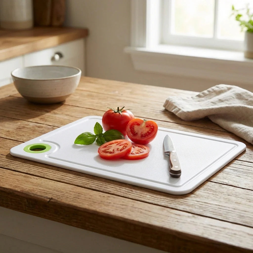 White plastic cutting board with juice groove and circular handle hole, shown with tomatoes