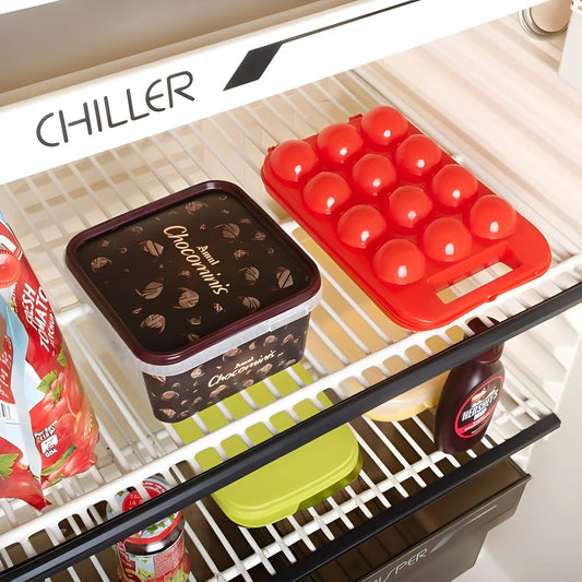 Plastic egg carry tray holder with red egg tray on wire shelf