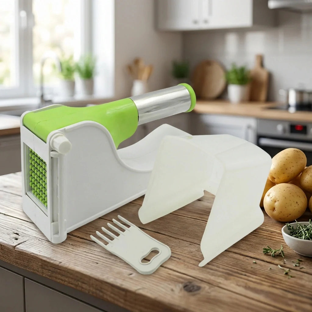 Green and white plastic fry chipser slicer with cutting blade and holder
