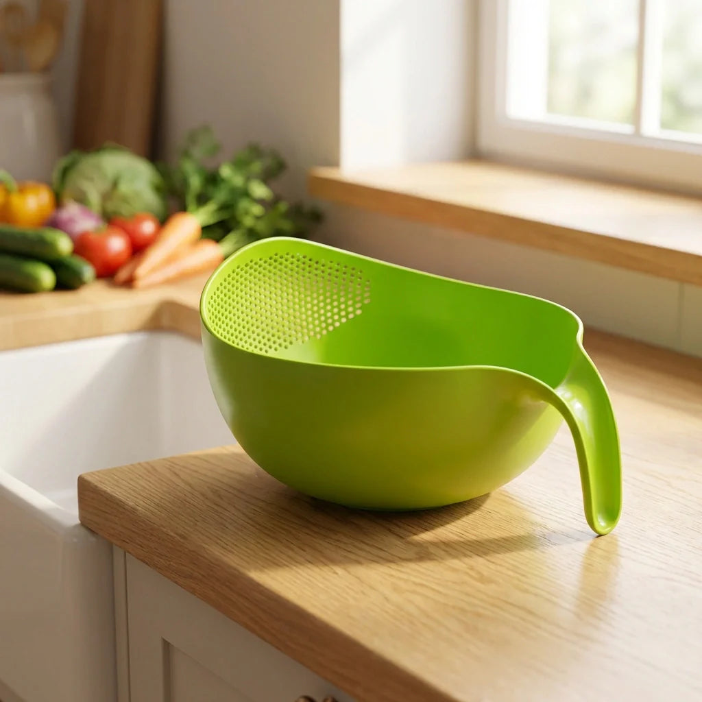 Green plastic rice and food strainer with handle, perforated bowl