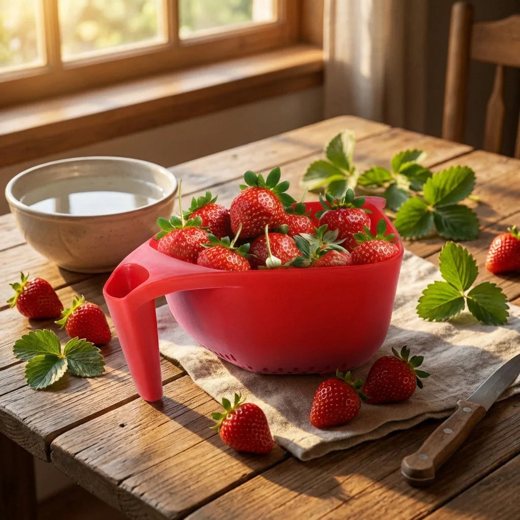 Red plastic strainer bowl with handles, holding strawberries, 1.5 L