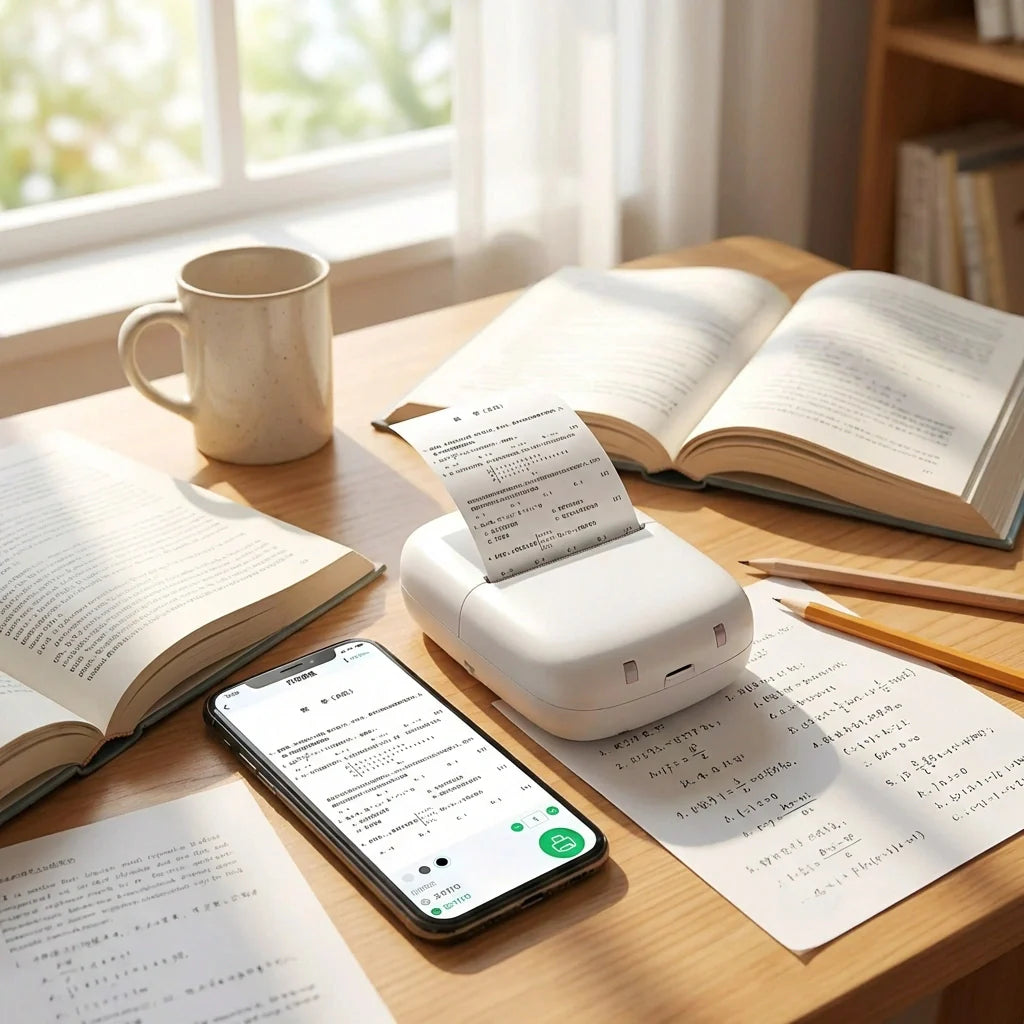 White pocket Bluetooth thermal printer with paper slot and front control buttons