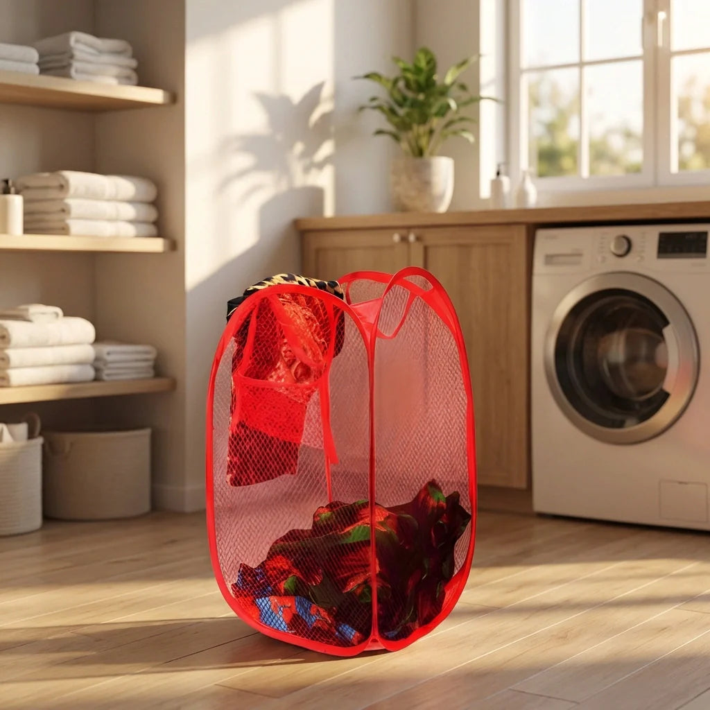 Red pop-up mesh laundry hamper with open top and foldable frame