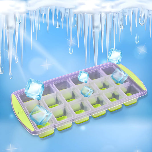 Pop-Up silicone ice tray with hinged pops and ice cubes, purple and green.
