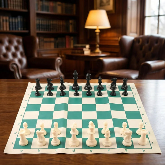 Travel chess set with board and arranged black and white chess pieces on green squares