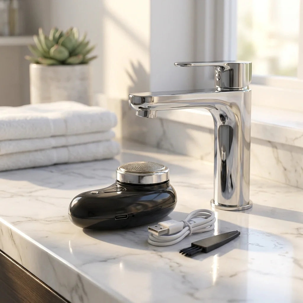 Black electric shaver with charging stand and trimming attachment