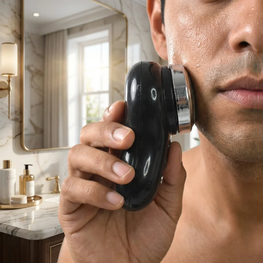 Black electric shaver held against a person’s cheek