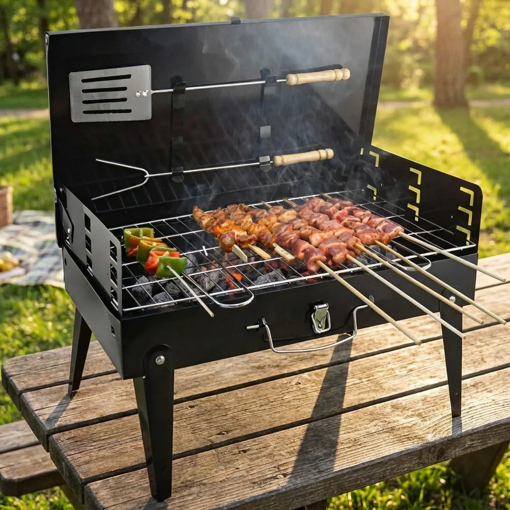 Portable foldable BBQ grill with wire racks and wooden-handled tools, open lid