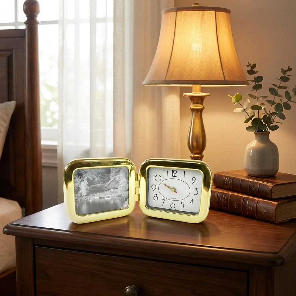 Portable foldable desk clock with yellow frame and analog clock face