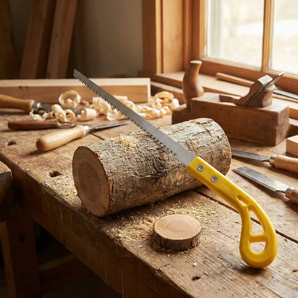 Garden hand saw with yellow handle laid across logs on workshop table