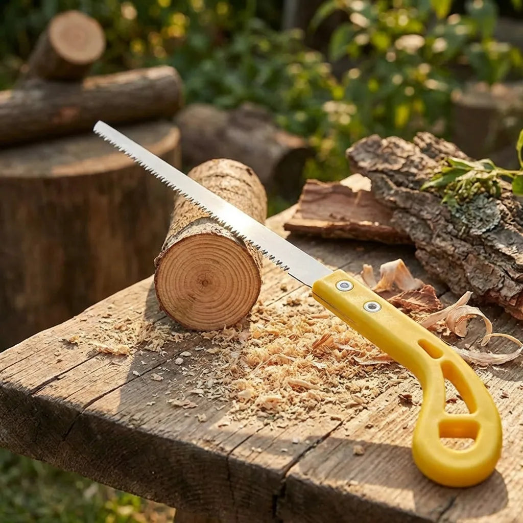 Garden hand saw with yellow handle on wood platform near cut logs