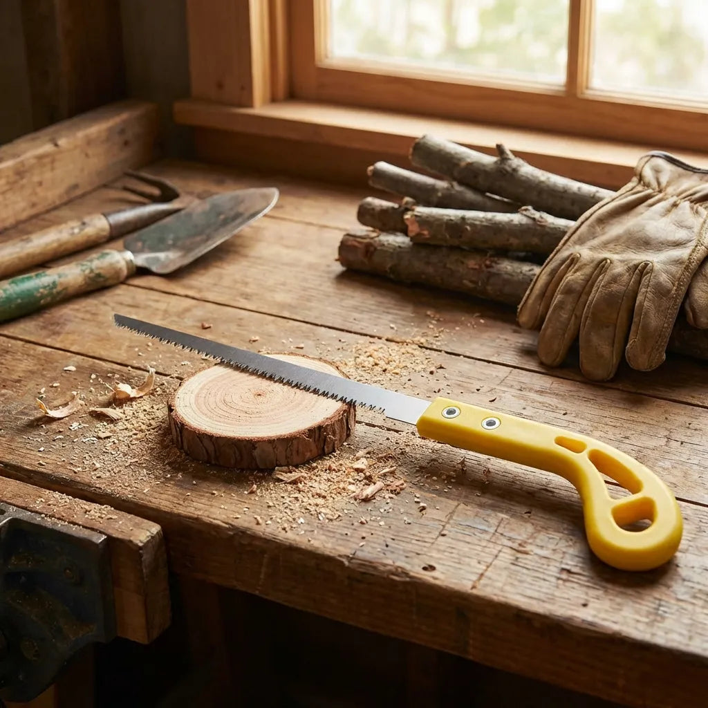 Garden hand saw with yellow handle on workbench among split wood