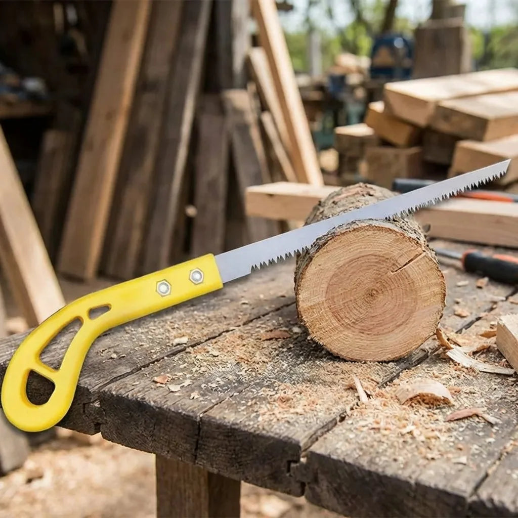 Garden hand saw with yellow grip and serrated blade beside round log slice