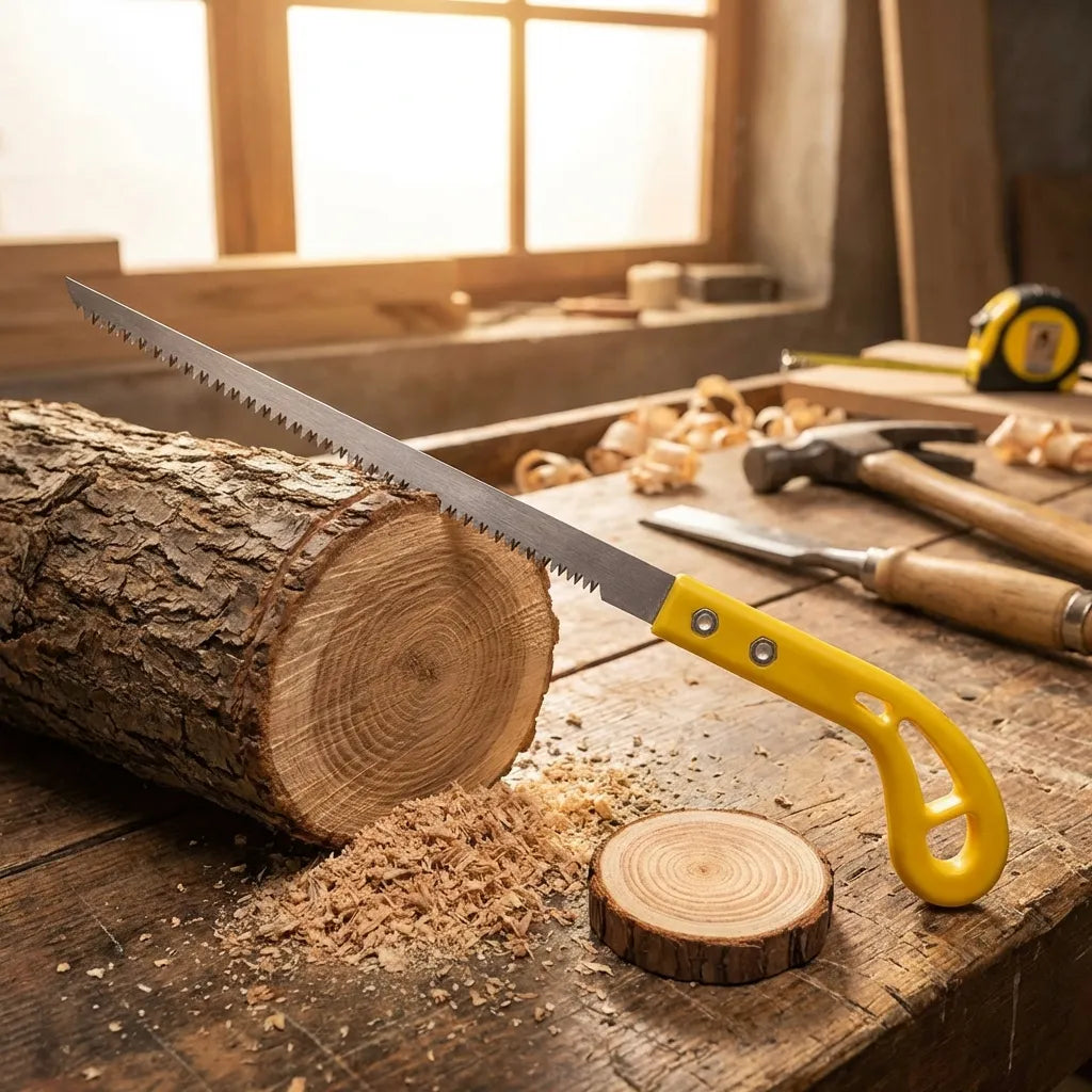 Garden hand saw with yellow handle cutting a log on a workbench