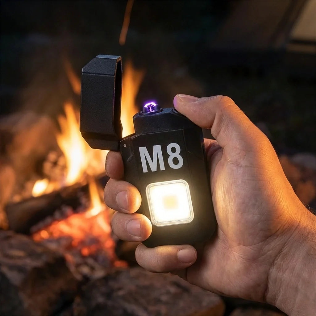 Portable mini lighter, black M8 body with LED light and flame, hand holding open