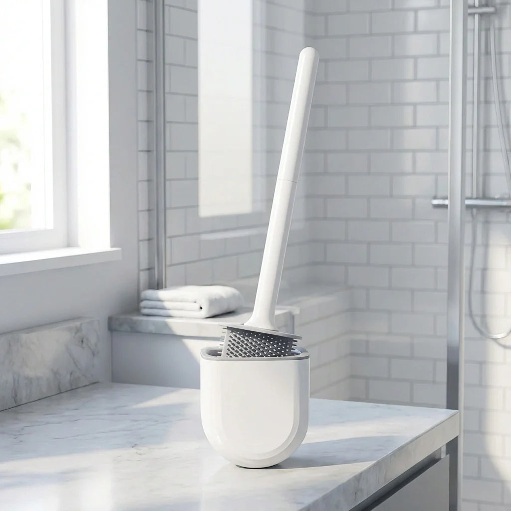 Silicone toilet brush with holder, white handle and bristles in a round base.