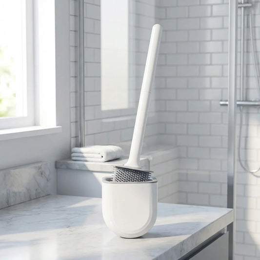 Silicone toilet brush with holder, white handle and bristles in a round base.
