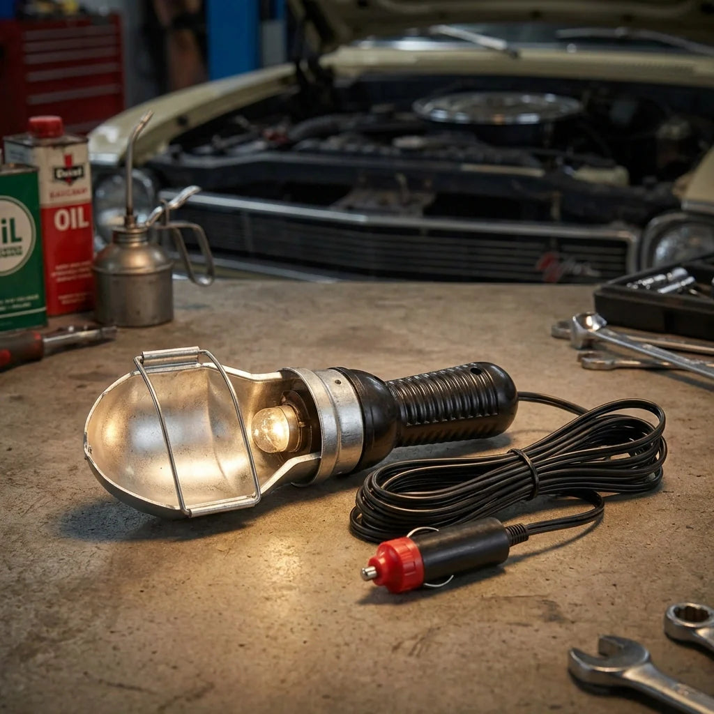 Portable work repair lamp with metal head and power cable, red plug