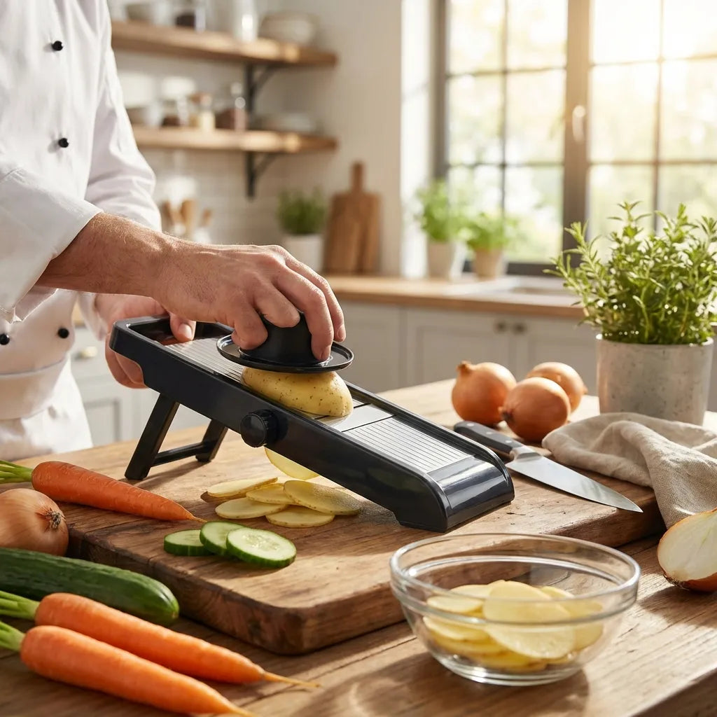 Adjustable food slicer used by hand to slice potatoes on a wooden cutting board
