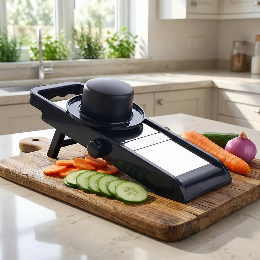 Adjustable food slicer with black knob and ribbed blade, cutting cucumber and carrots