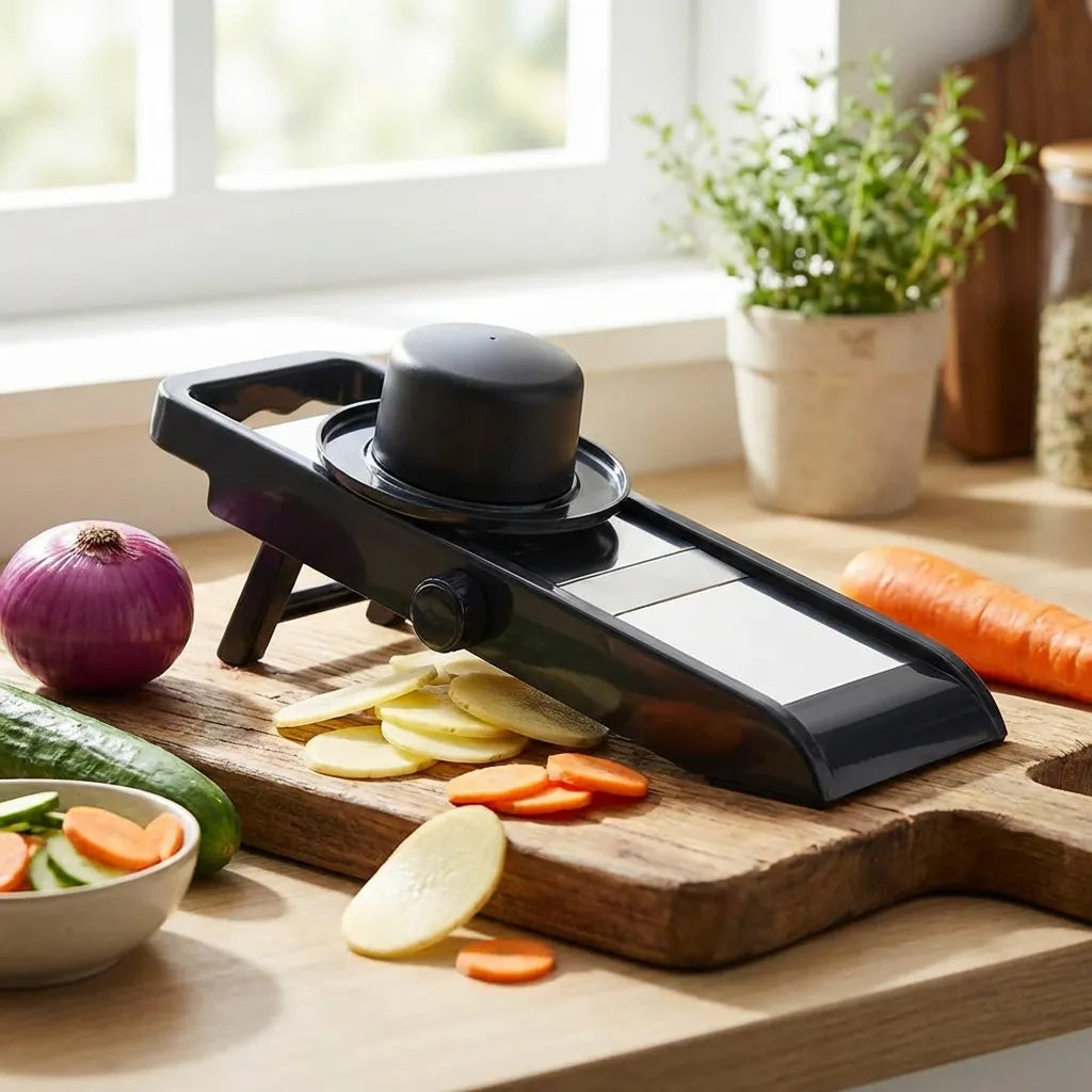 Adjustable food slicer with knob and sliding blade, set on a wooden board