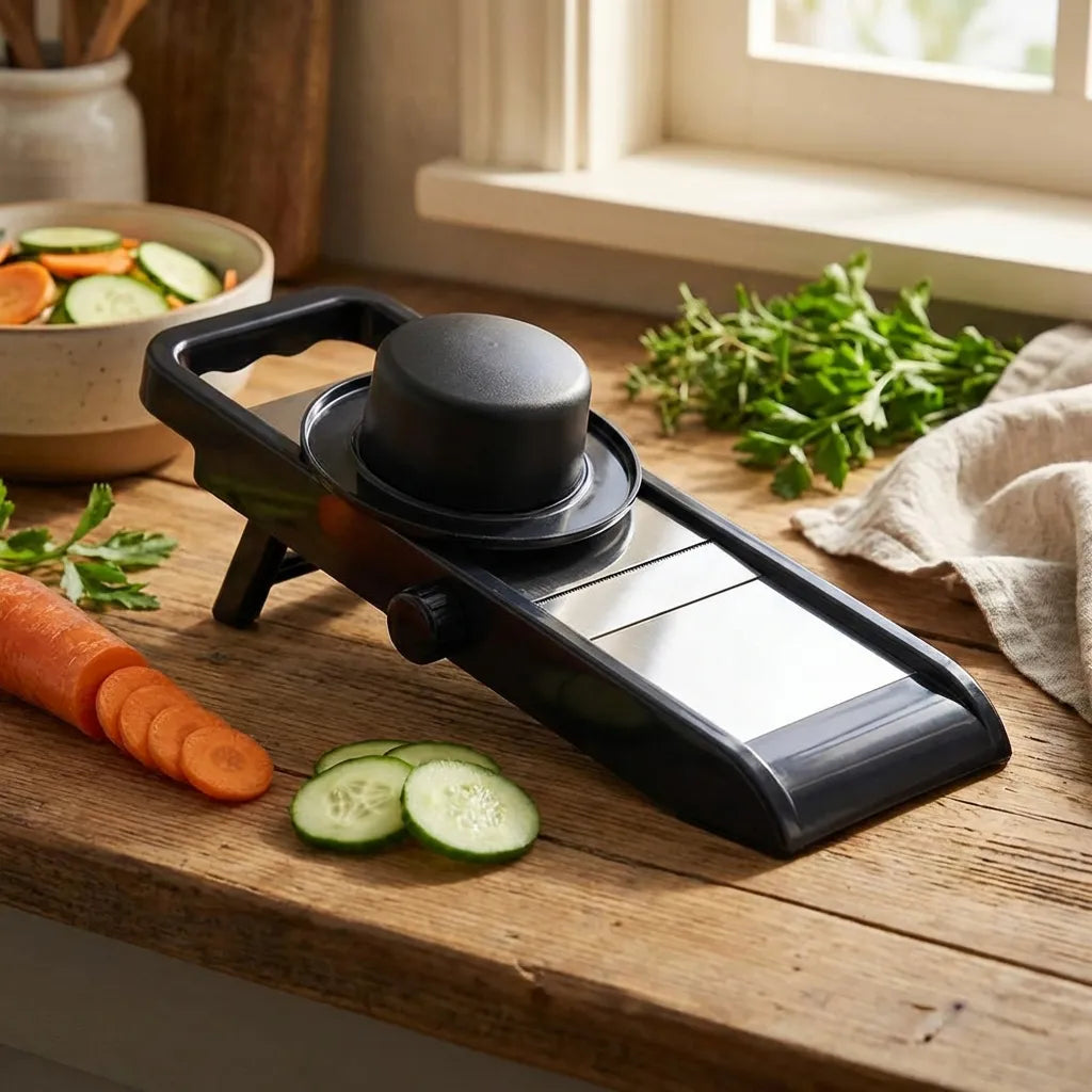 Adjustable food slicer with black guard and blade, cutting zucchini slices on board
