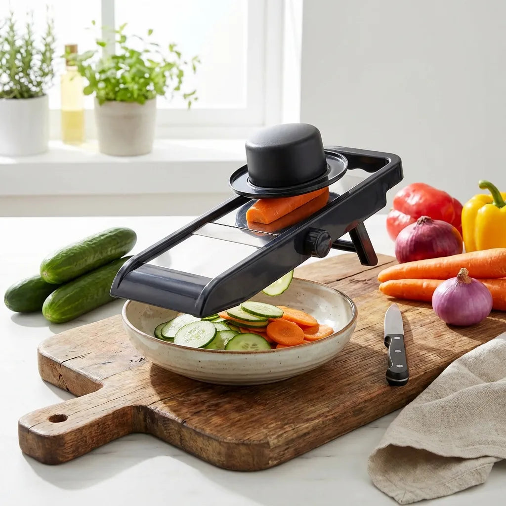 Adjustable food slicer with knob and black frame, slicing carrots and cucumbers into bowl