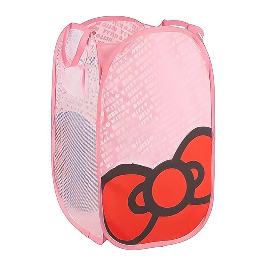 Pink waterproof canvas laundry bag with mesh panels and red cartoon print
