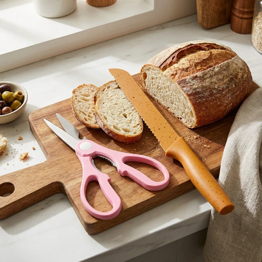 Stainless knife set with pink-handled scissors and long bread-slicing knife