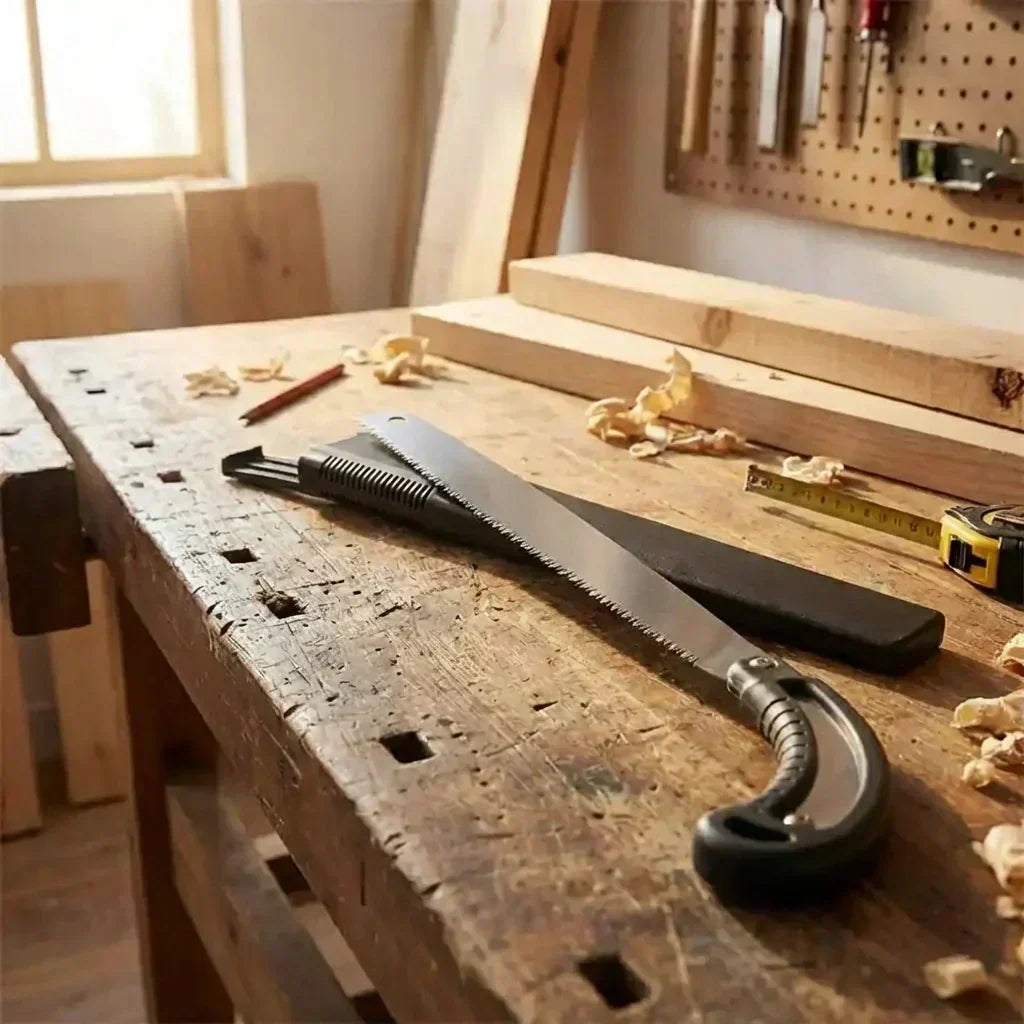 Pruning saw with serrated blade and black sheath on rustic wooden workbench