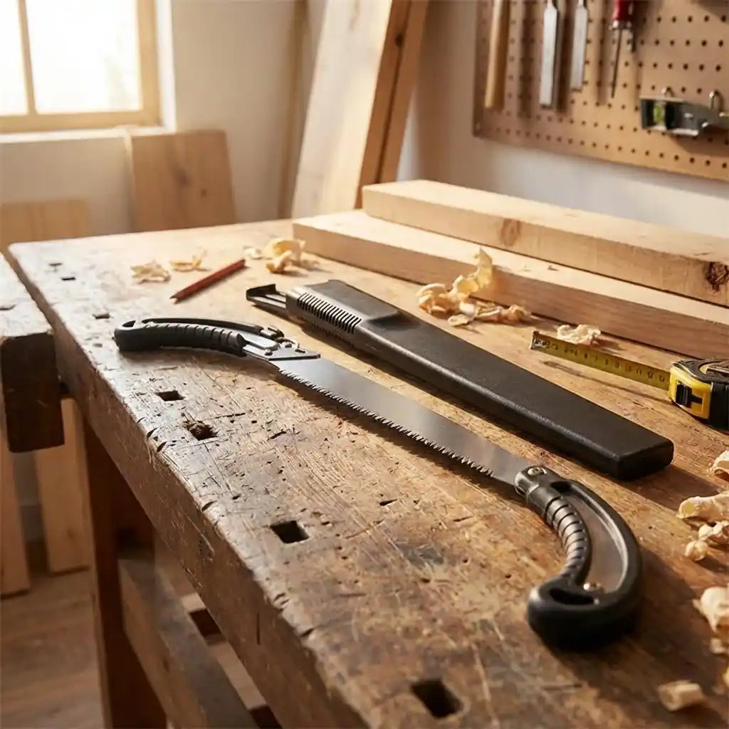 Pruning saw with serrated blade and black sheath on workshop workbench