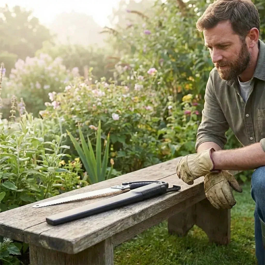 Pruning saw lying on a wooden bench as a gardener prepares to cut plants