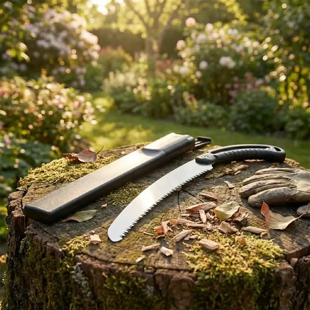 Pruning saw with serrated blade resting on a cut log outdoors