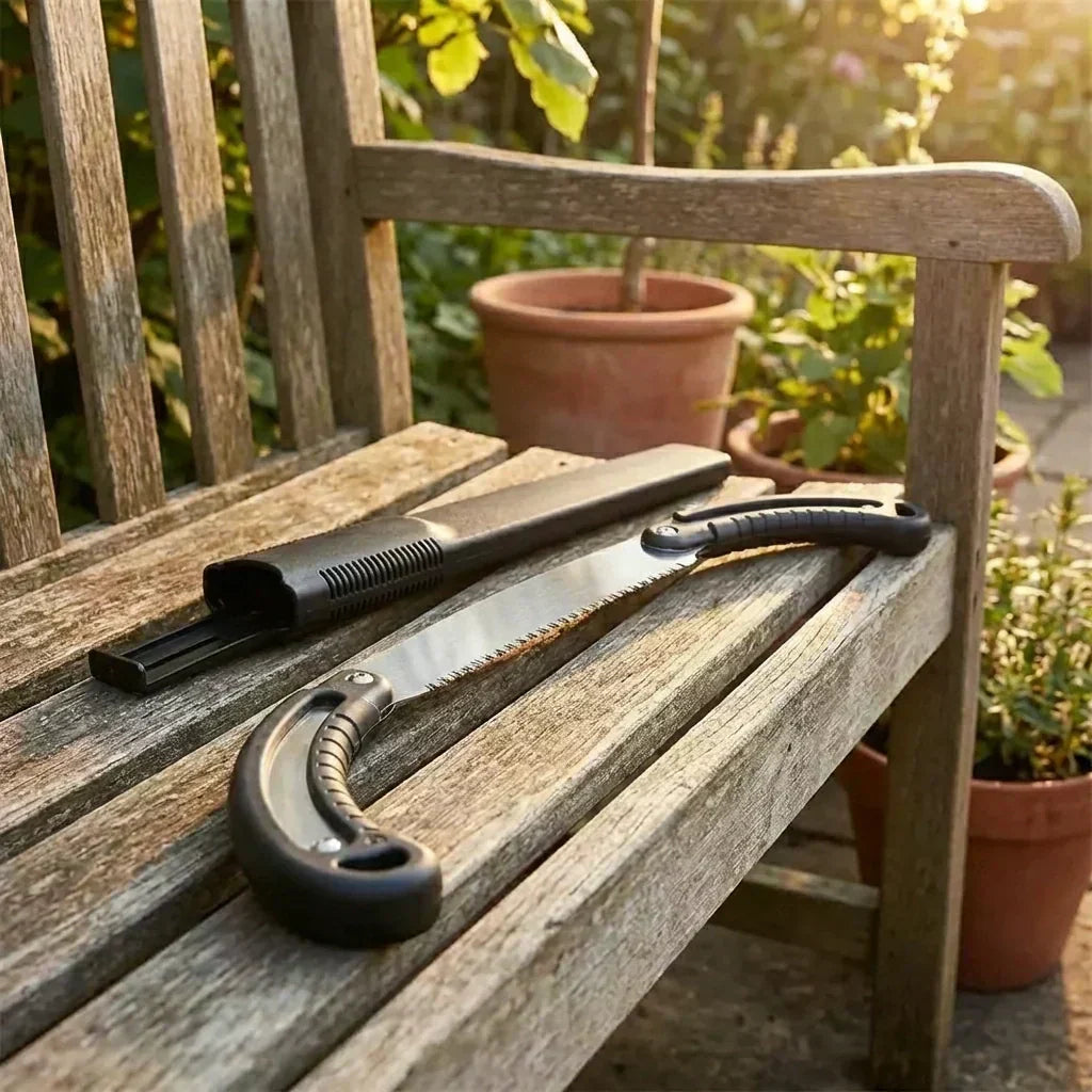 Pruning saw with black handle and serrated blade on outdoor wooden chair