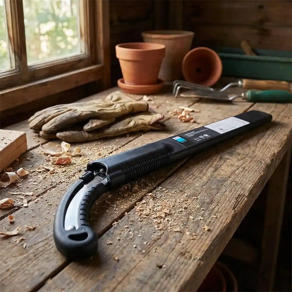 Pruning saw with curved handle and serrated blade on wooden workbench