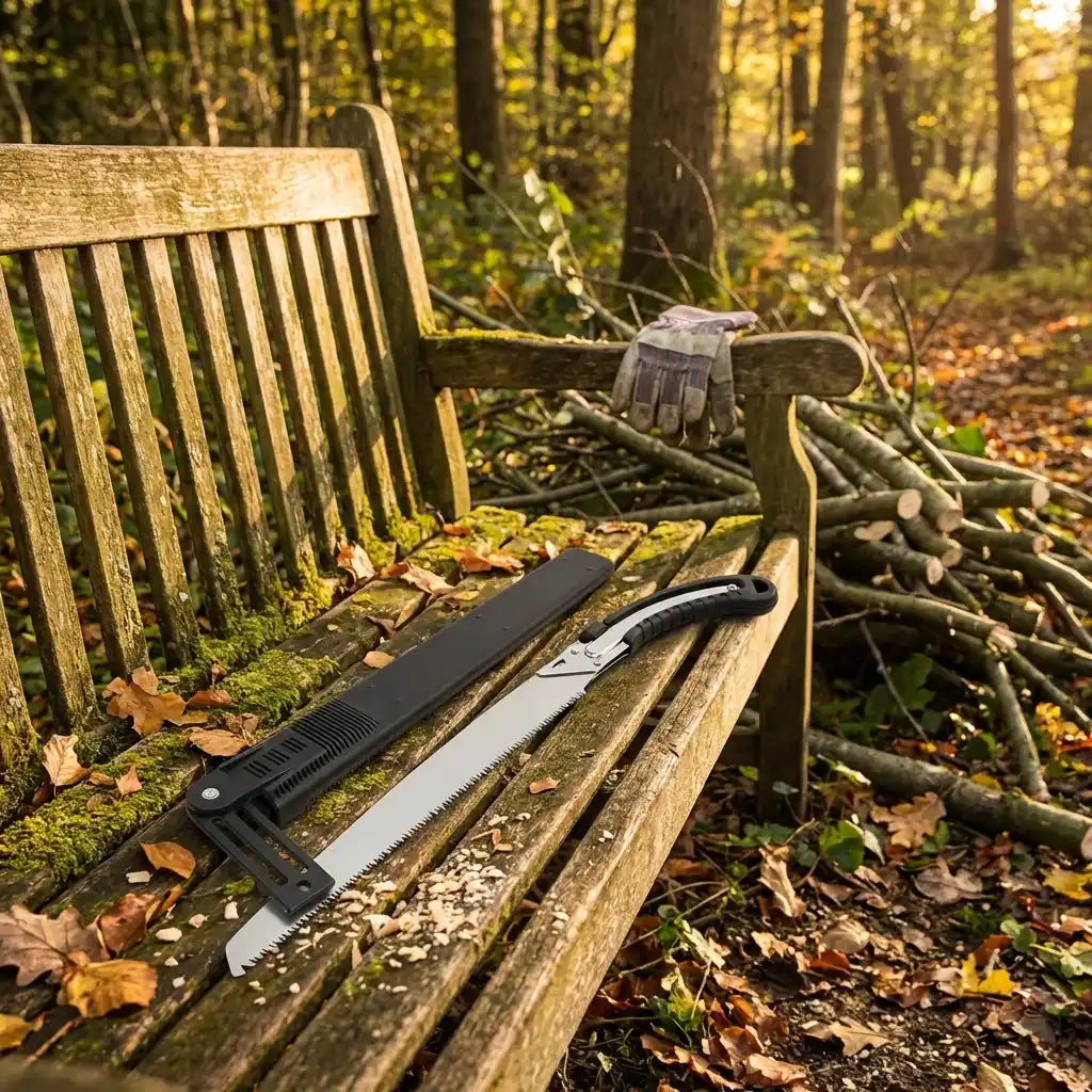 Pruning saw with black handle and serrated blade on wooden garden bench
