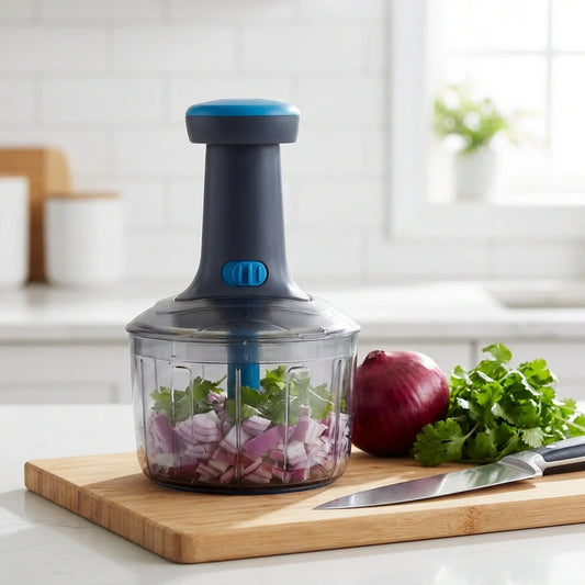 Push cord chopper with clear container and blue lid, shown on a base