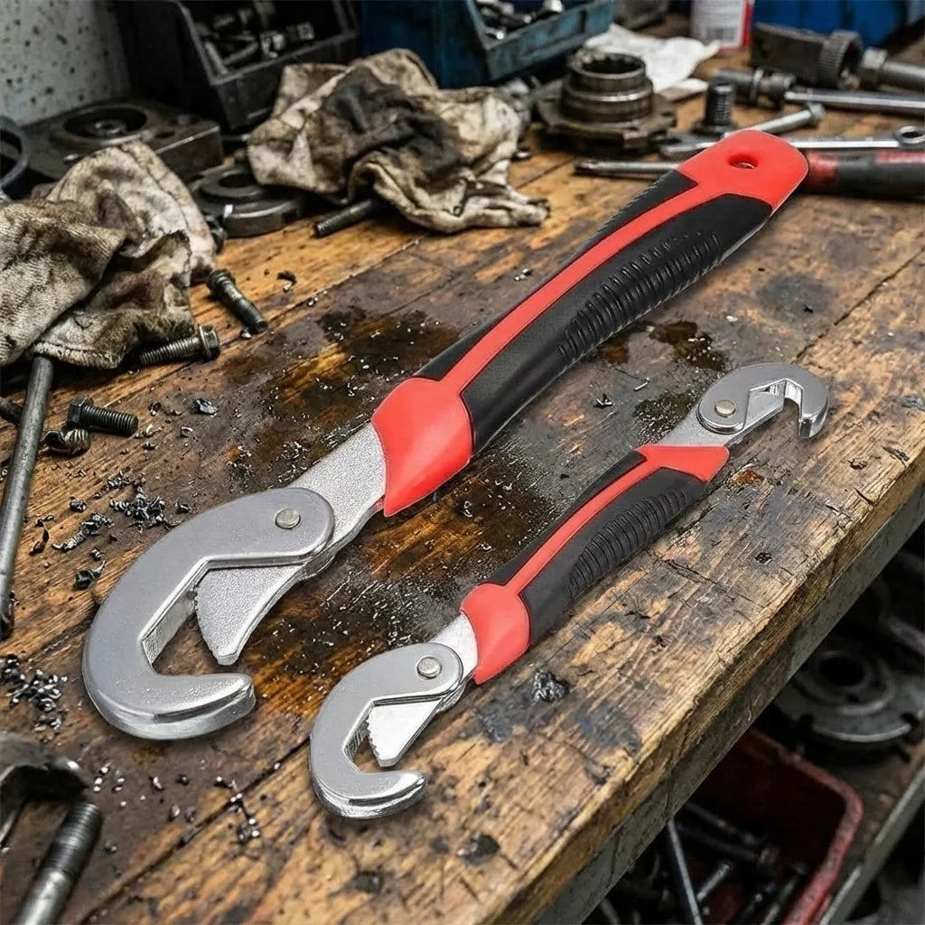 Red-and-black adjustable wrenches with quick-snap jaws on a scratched wooden workbench.
