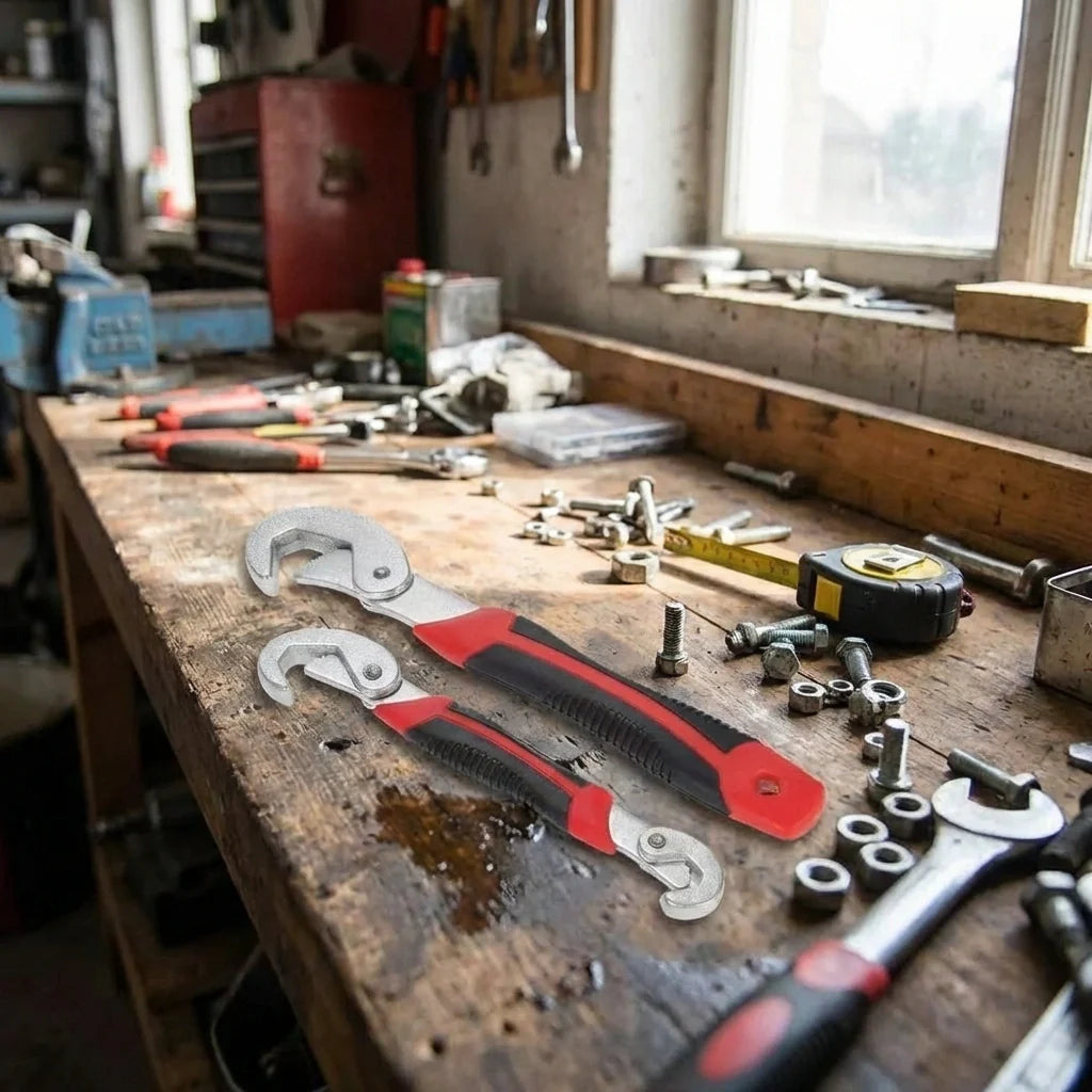 Red-and-black adjustable wrenches with quick-snap jaws on a workshop workbench.