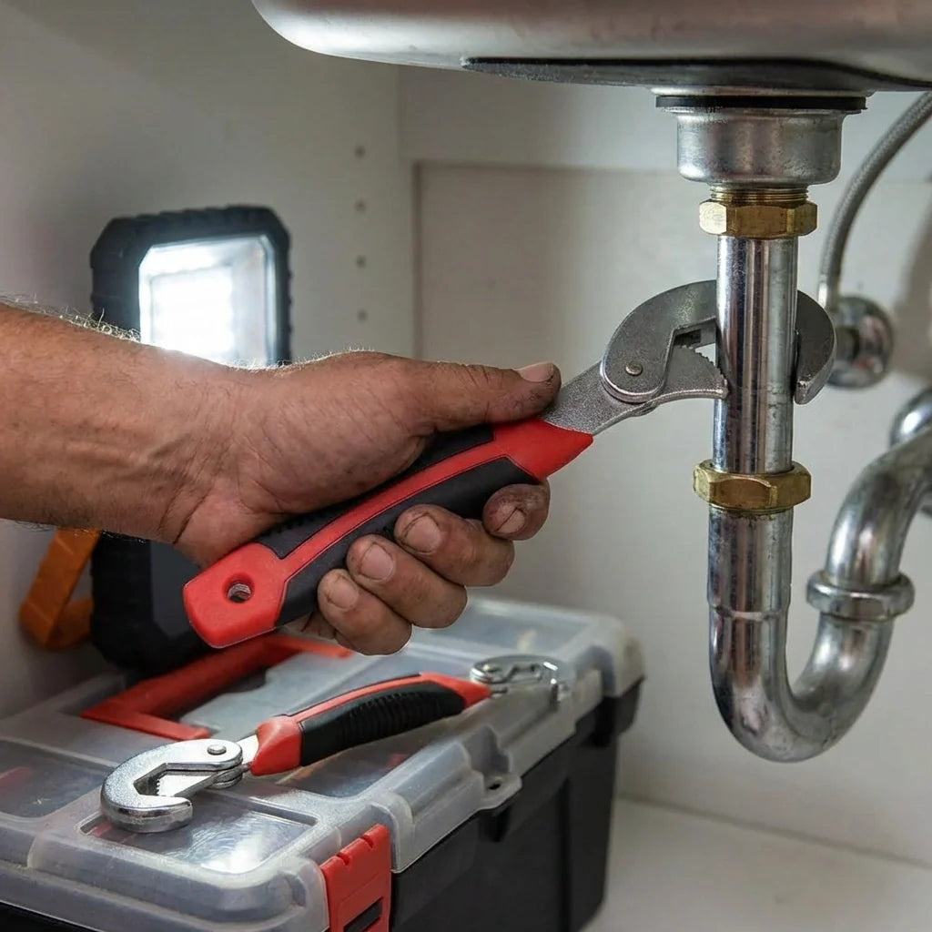 Hand using a red-and-black adjustable wrench with quick-snap jaw on a plumbing pipe.
