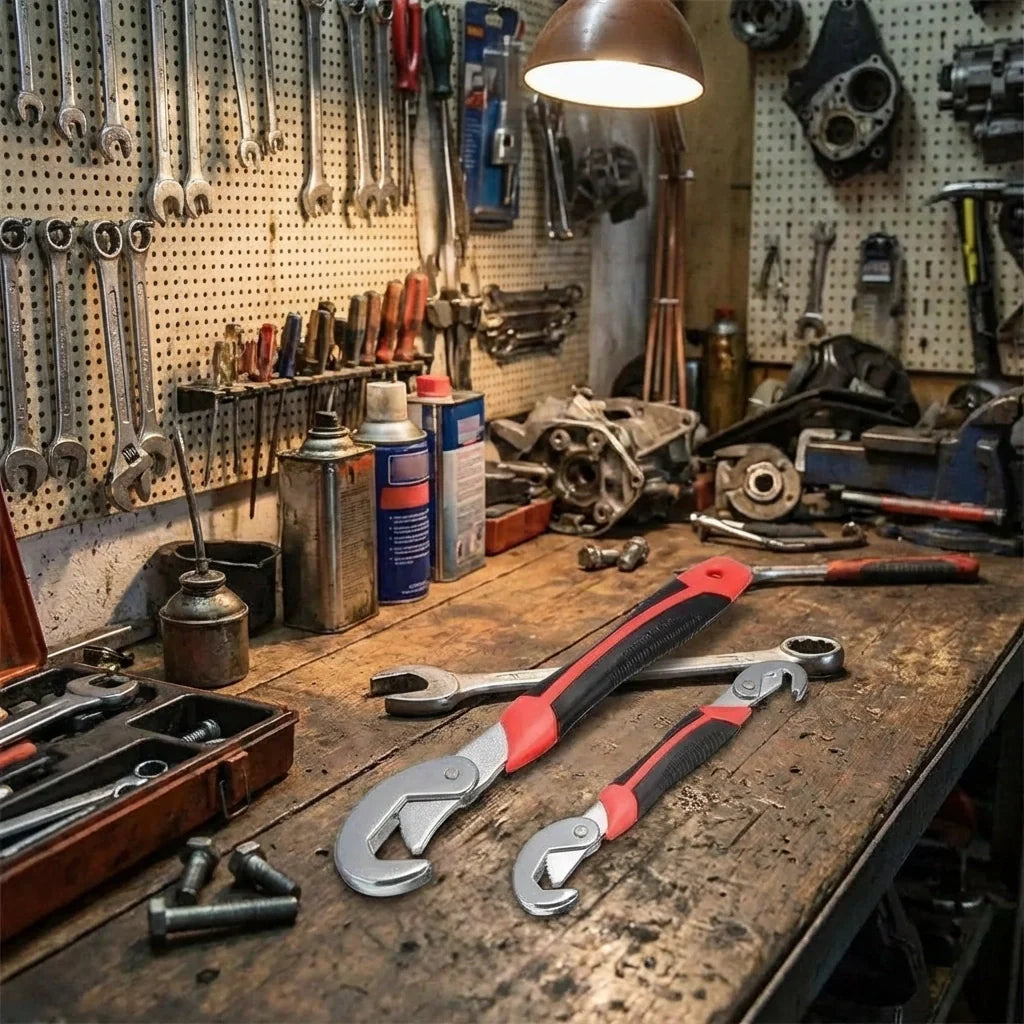 Red-and-black adjustable wrenches (2) with quick-snap jaws on shop bench.